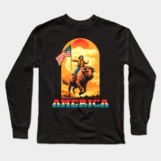 AMERICA! Guy Riding A Buffalo  Drinking Beer Long Sleeve T-Shirt